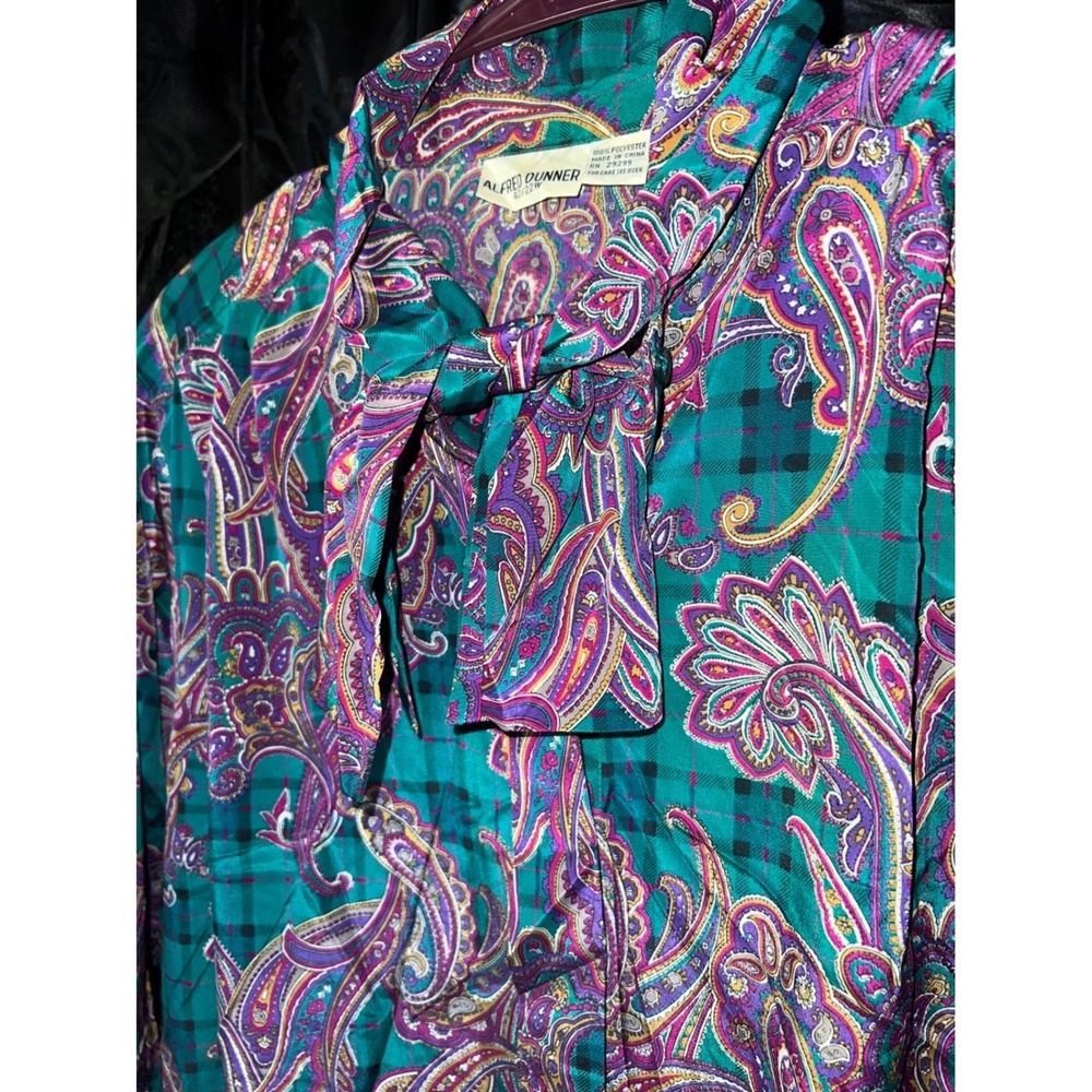 Alfred Dunner Teal Paisley Plaid Tie Neck Blouse Smocked Hem Plus Size 22W - Picture 3 of 6